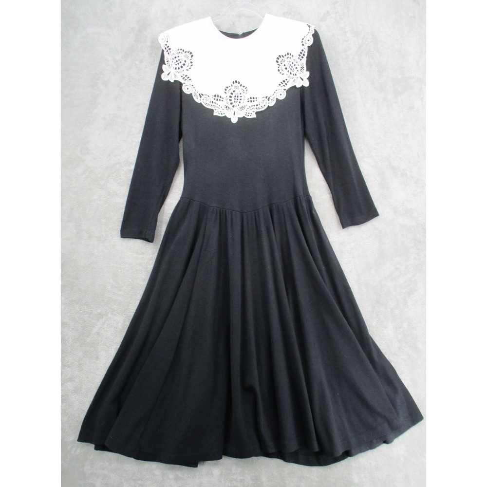 Vintage Ambria Dress Womens 8 Lace Linen Collar Modest Cottage Prairie Black Zip